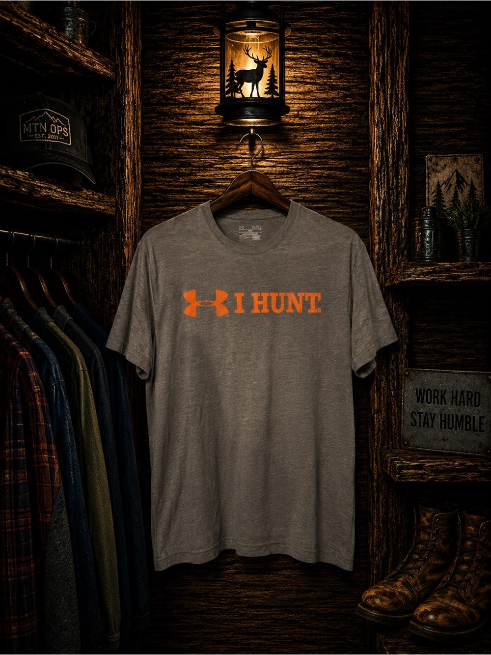 Under Armour Men’s Medium Gray Short-Sleeve with Orange 'I HUNT.' Logo